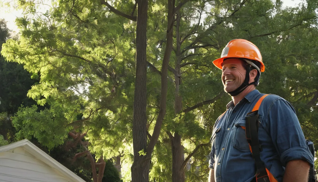 A friendly tree removal provider inspecting a large tree beside a home in Beavercreek